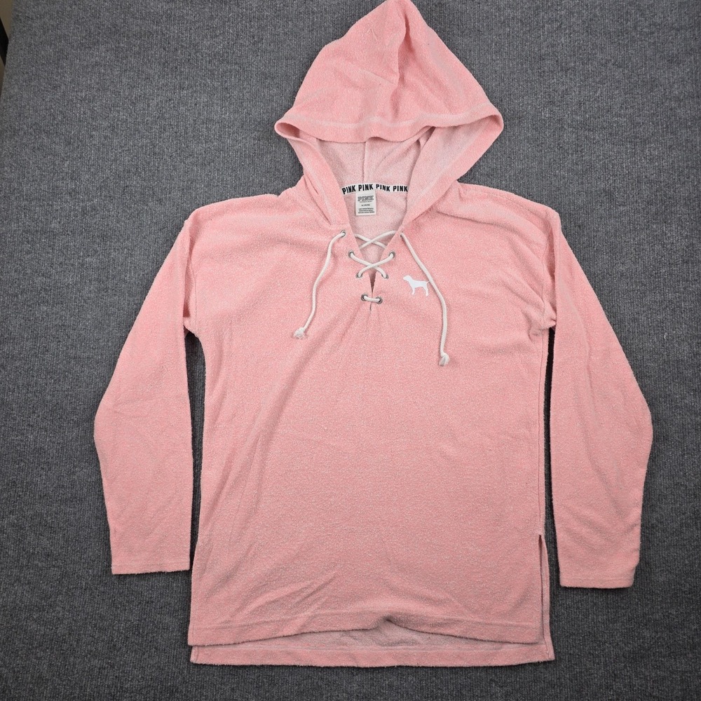 PINK Victoria's Secret Hoodie Womens Medium Pink Lace Up Terry Pullover Logo